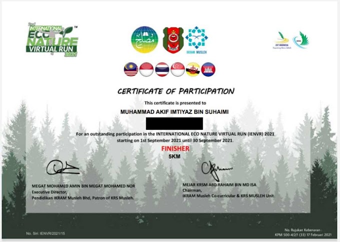 Sijil Antarabangsa Ke 3 Akif Imtiyaz Dari International Eco Nature Virtual Run 2021 