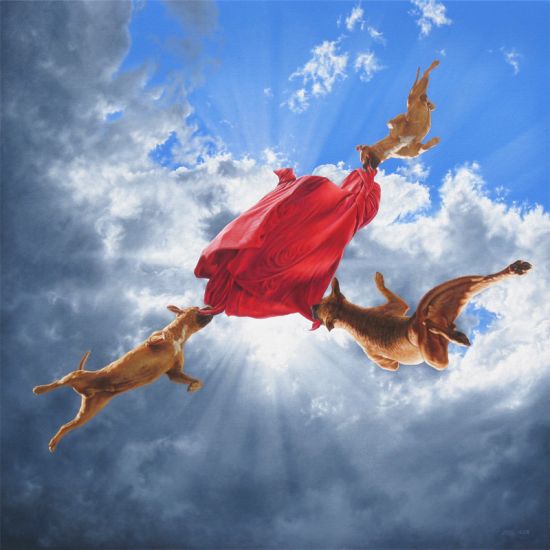 Joel Rea pintura hiper-realista surreal cães gigantes caindo céu Brilhando