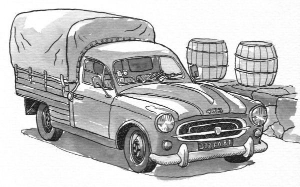 thought this drawing of a Peugeot pickup stationed near two winebarrels