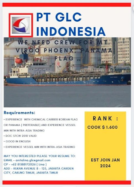 Job Pelaut Koki Kapal Chemical Tanker Ocean Going January 2024