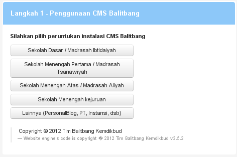 Pilih Instansi yang akan di Install CMS Balitbang misal SMK