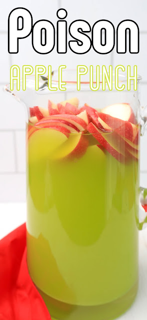 Poison Apple Punch in a glass pitcher and a recipe title text overlay.
