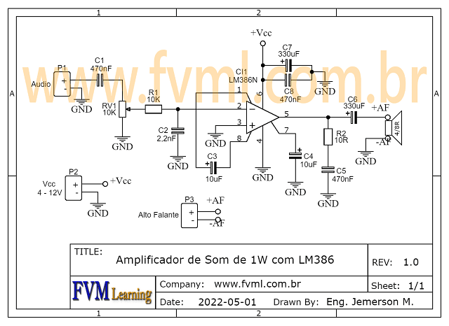 Circuito Esquemático Amplificador Portátil de 1W com LM386 - fvml