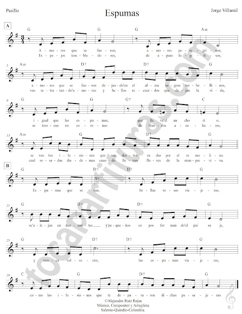 Espumas Pasillo de Jorge Villanil Partitura Fácil con Acordes Espumas Easy Sheet Music with Chords