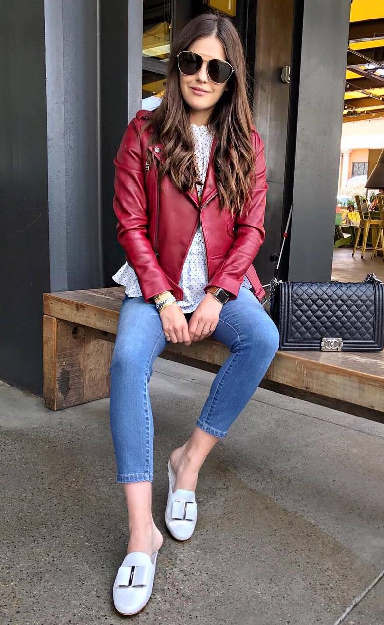 how to wear a red leather jacket : skinny jeans + top + white loafers
