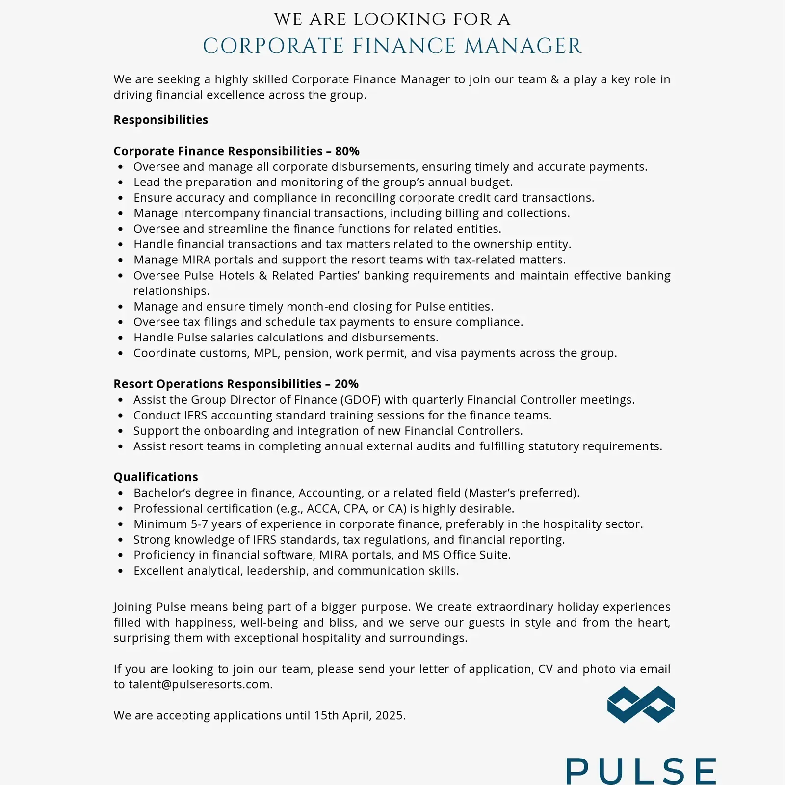 image of Corporate Finance Manager Job Vacancy at Pulse Hotels & Resorts job advert