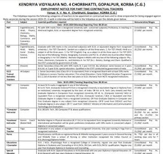 KORBA RECRUITMENT 2024 | केंद्रीय विद्यालय कोरबा में पीजीटी, टीजीटी, नर्स, कंप्यूटर शिक्षक योग शिक्षक एवं अन्य पदों की भर्ती