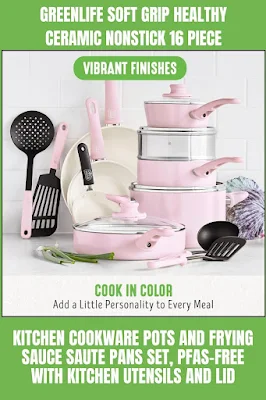 GreenLife Soft Grip Healthy Ceramic Nonstick 16-Piece Kitchen Cookware Set Includes pots, frying pans, saucepans, and sauté pans. PFAS-free, comes with kitchen utensils and lids. Dishwasher safe. Color Soft Pink.