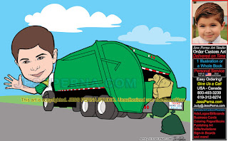 Order Boy Driving Sanitation Garbage Truck Caricature