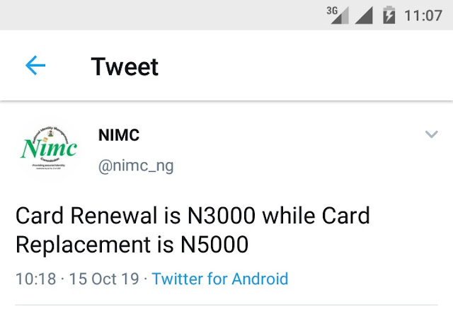 National ID Card Replacement Costs ₦5,000 - NIMC