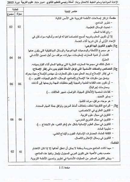 الاجابة النموذجية لموضوع اختبار علوم التربية لمسبقة استاذ رئيسي 2015