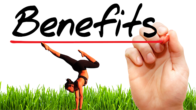 Benefits written by a big hand and marker pen and a lady doing yoga on oversize grass