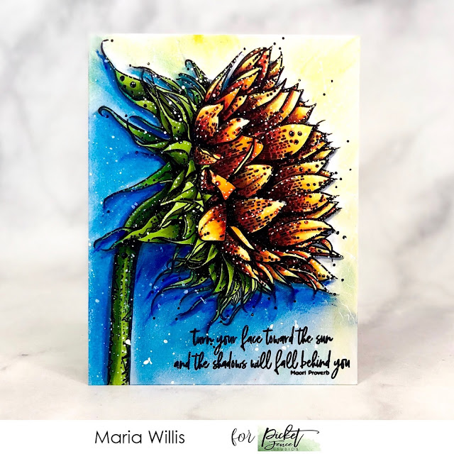 #mariawillis, #cardbomb, #cards, #stamp, #ink, #paper, #papercraft, #craft, #cardmaker, #cardmaking, #art, #diy, #handmade, Picket Fence Studios, Face the Sun, #sunflower, #copicmarkers, #watercolor, 