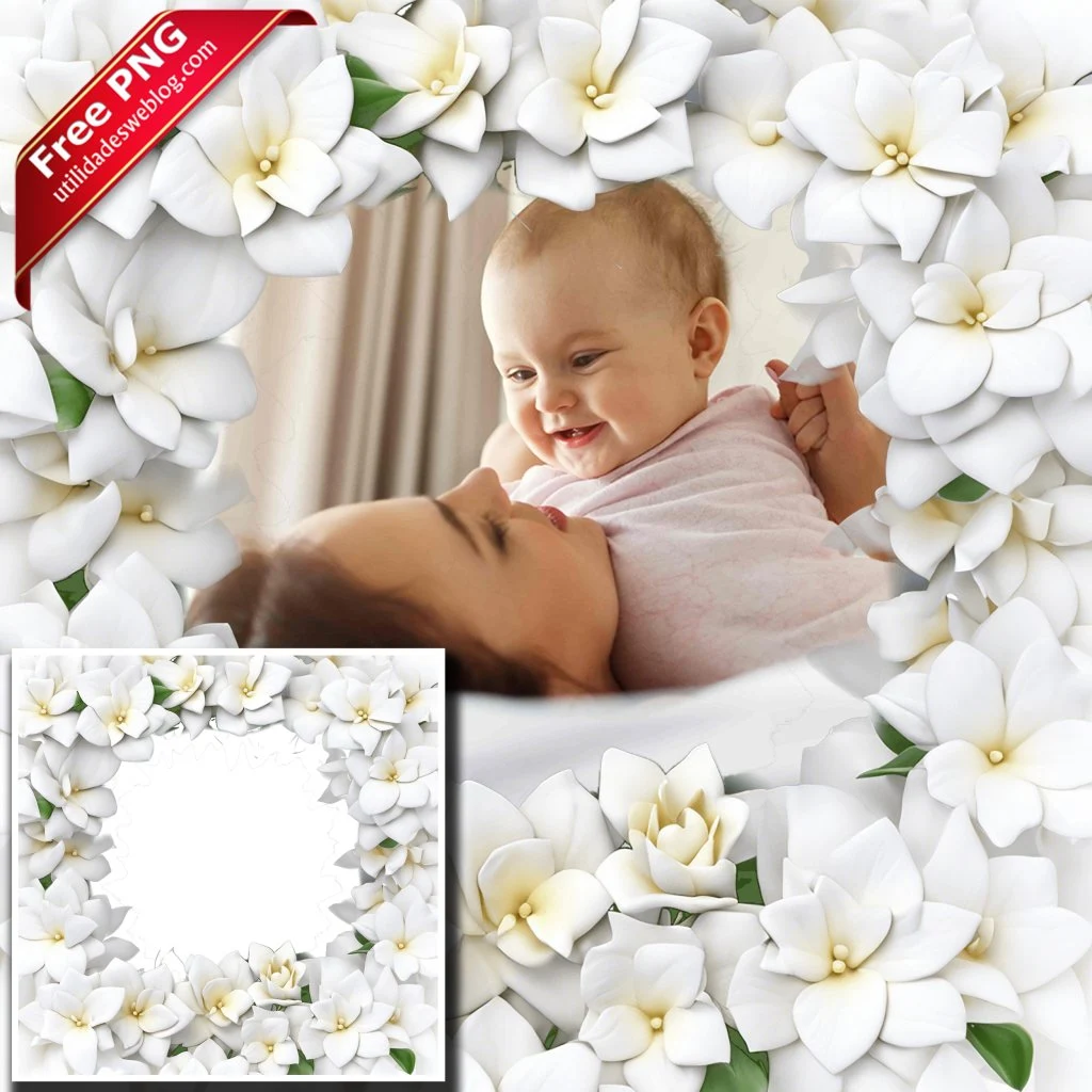 marco para fotos con flores de gardenia blancas en png con fondo transparente para descargar gratis