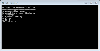 Tentang bahasa program pascal lagi . disini saya akan membagikan tentang coding perintah-perintah bahasa pascal yang dijadikan satu dalam sebuah menu, jadi seperti anda memilih makanan di restaurant ternama dengan menu yang cukup menggiurkan lidah tapi harganya mahal ^_^ .