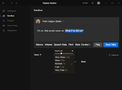 Replica Studio's Sandbox interface. Change attributes like Speech Rate, Pitch, and the Style.