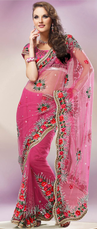 Pink Net Saree with Blouse