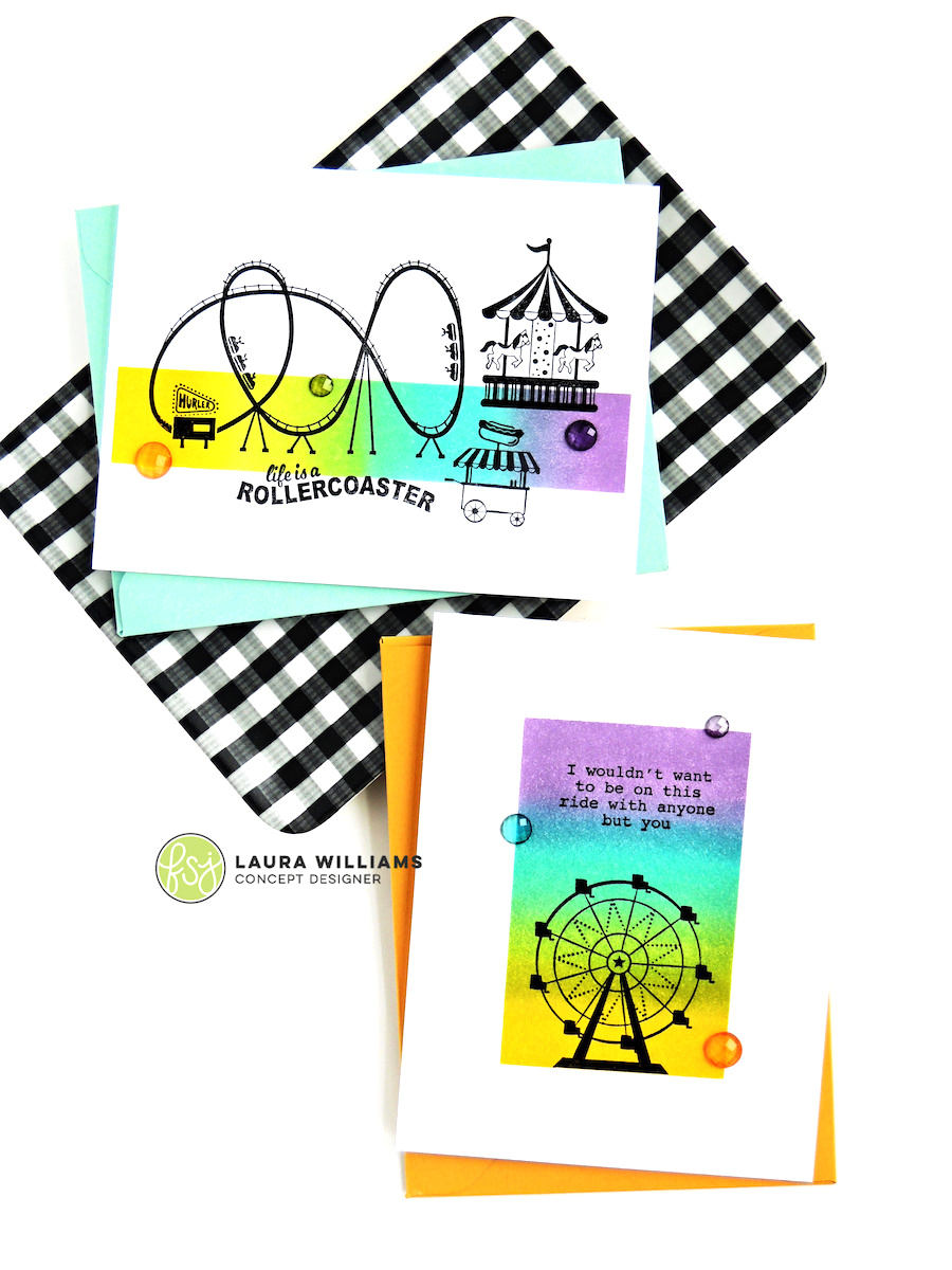 Clean and simple cards with FSJ Happy Place collection featuring carnival rides and an ombre ink background