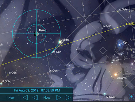 Sky Safari Pro shows he Moon has been zipping along passing Jupiter (Source: Palmia Observatory)