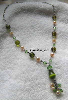 Green Themed Wire Wrap Necklace with Pearl