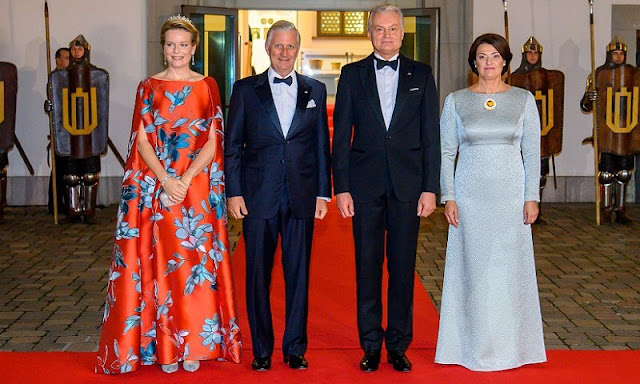 Queen Mathilde wore Natan long cape effect dress. Natan Haute Couture FW21 Collection. Diana Nausedine