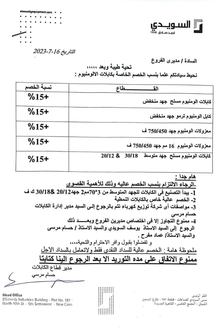 نسبة الخصم علي أسعار كابلات السويدي (ألمونيوم) لعام 2023