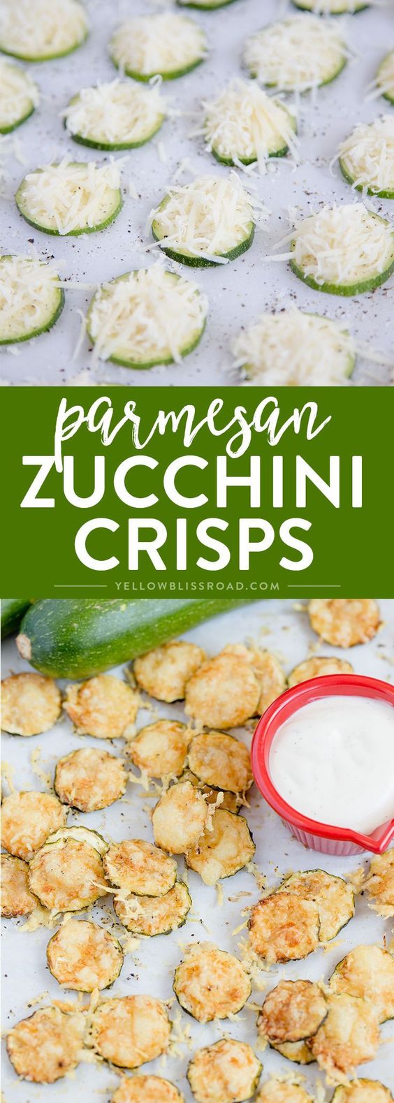 Baked Parmesan Zucchini Crisps are a highly addictive healthy snack that is incredibly simple and easy to make with just two ingredients! Serve this Crispy Parmesan Zucchini recipe with a side of homemade ranch dressing for dipping and you’ll have a delicious, good for you snack that your whole family will love. (this post was originally sponsored by Hidden Valley Ranch)