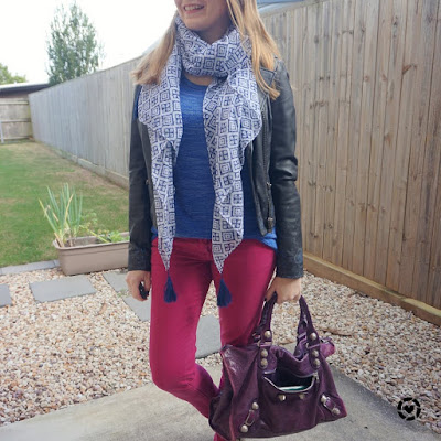 awayfromblue Instagram cobalt knit with leather jacket geo scarf and purple Balenciaga work bag