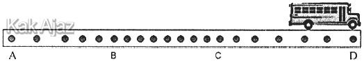 mobil bergerak lurus dari ruas jalan A ke ruas jalan D dan memberikan pola tetesan oli, gambar soal no. 8 IPA SMP UN 2018