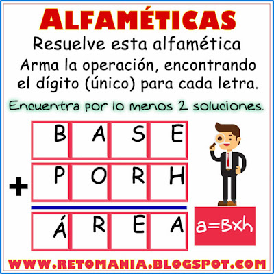 Alfamética, Criptoaritmética, Criptosuma, Juego de palabras, Desafíos matemáticos, Retos matemáticos, Problemas matemáticos, Problemas de lógica,