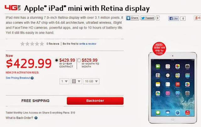 Verizon is offering iPad Mini with Retina for $429.99 and it will ship by Nov 25th