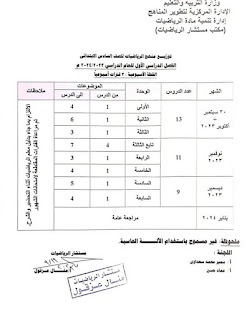 توزيع منهج الرياضيات للصف السادس الابتدائي الترم الأول