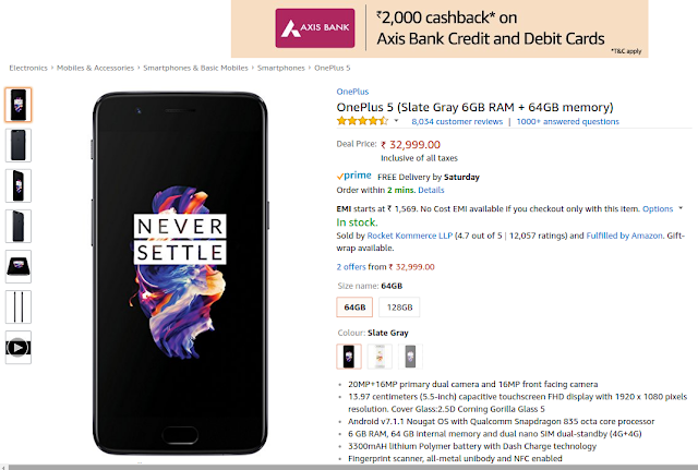 OnePlus 5 Cashback Offer Amazon India