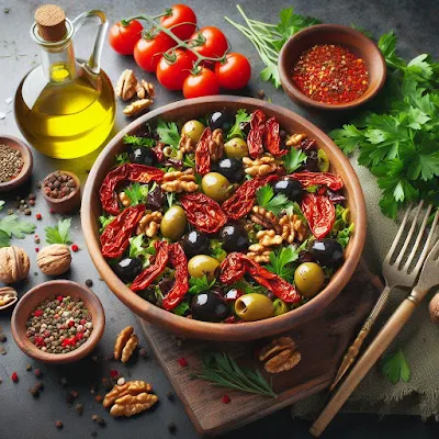 Das Bild zeigt eine Holzschale mit einem Salat aus Oliven, getrockneten Tomaten, Walnüssen und Petersilie. Die Oliven sind grün und schwarz und haben einen salzigen, herzhaften Geschmack. Die getrockneten Tomaten sind rot und haben einen süßen, fruchtigen Geschmack. Die Walnüsse sind braun und haben einen nussigen Geschmack. Die Petersilie ist grün und hat einen frischen, aromatischen Geschmack. Dieser Salat ist eine gesunde und leckere Mahlzeit oder Zwischenmahlzeit. Er ist einfach zuzubereiten und kann nach Belieben variiert werden. Zum Beispiel können andere Gemüsesorten, wie Paprika hinzugefügt werden.