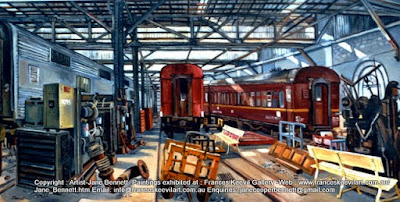 Plein air oil painting  of  trains in Eveleigh Railway Workshops by artist Jane Bennett