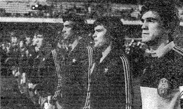 Víctor, Alexanco, Camacho y Arconada. SELECCIÓN DE ESPAÑA 2 SELECCIÓN DE BÉLGICA 0. 16/12/1981. Partido internacional amistoso. Valencia, España, estadio Luis Casanova. GOLES: 1-0: 7’, Satrústegui. 2-0: 87’, Satrústegui.