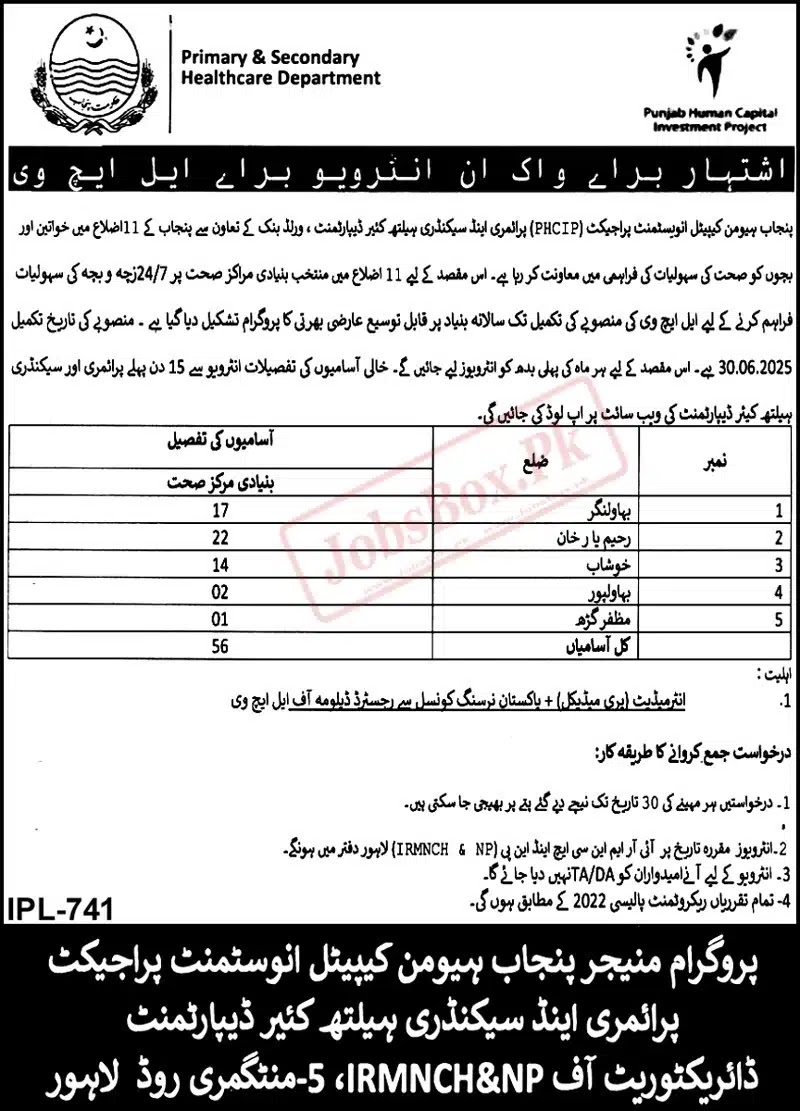 Lady Health Visitors LHV Jobs 2023 - Health Department Punjab Jobs 2023