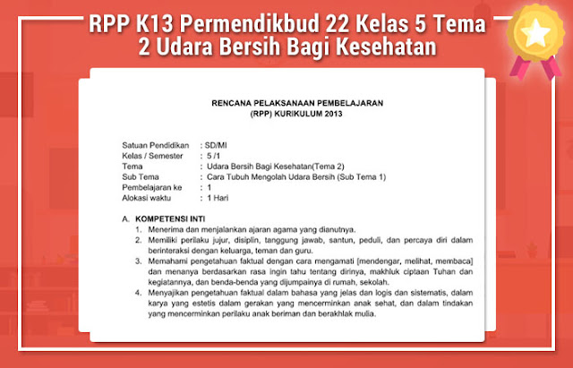 RPP K13 Permendikbud 22 Kelas 5 Tema 2 Udara Bersih Bagi Kesehatan