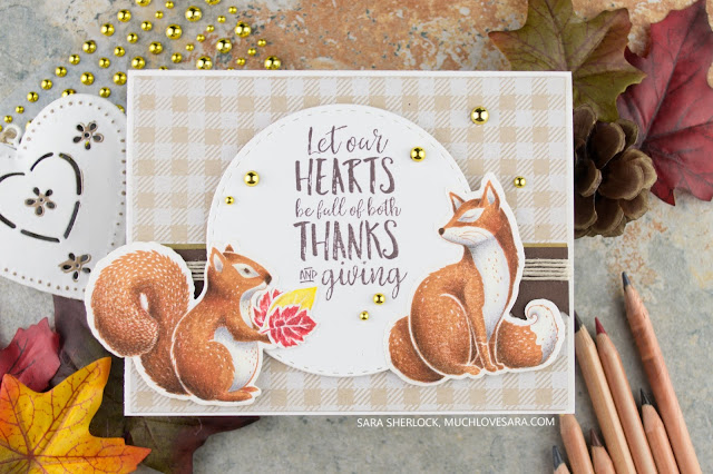 This fun, fall card was created using the Fun Stampers Journey Thankful Friends Stamp & Die Bundle, and the Flannel Life background stamp.  