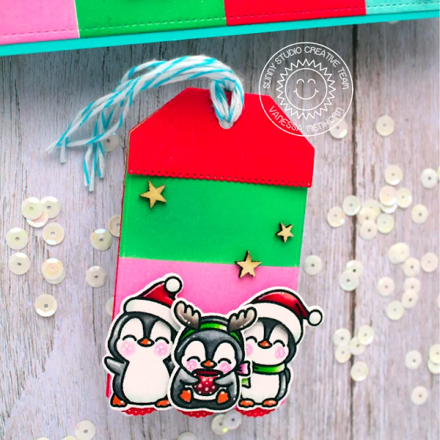 Sunny Studio Stamps: Penguin Party Holiday Card & Tag by Vanessa Menhorn (featuring Mini Mat & Tag Dies, Slimline Dies)