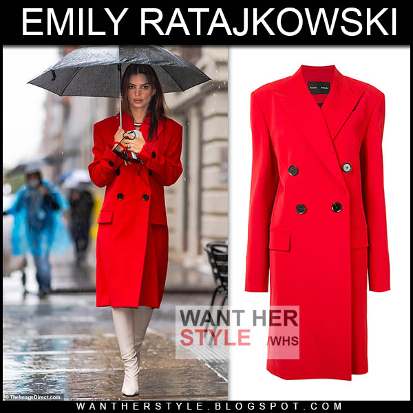 Emily Ratajkowski in red coat and white boots