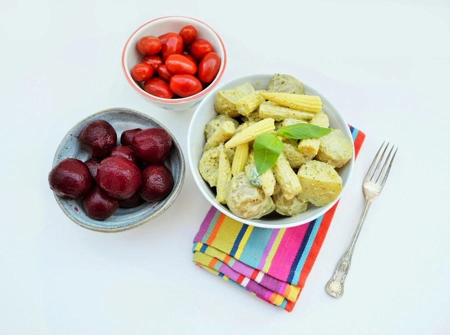 Creamy Pesto Potato Salad with Baby Corn (vegan)