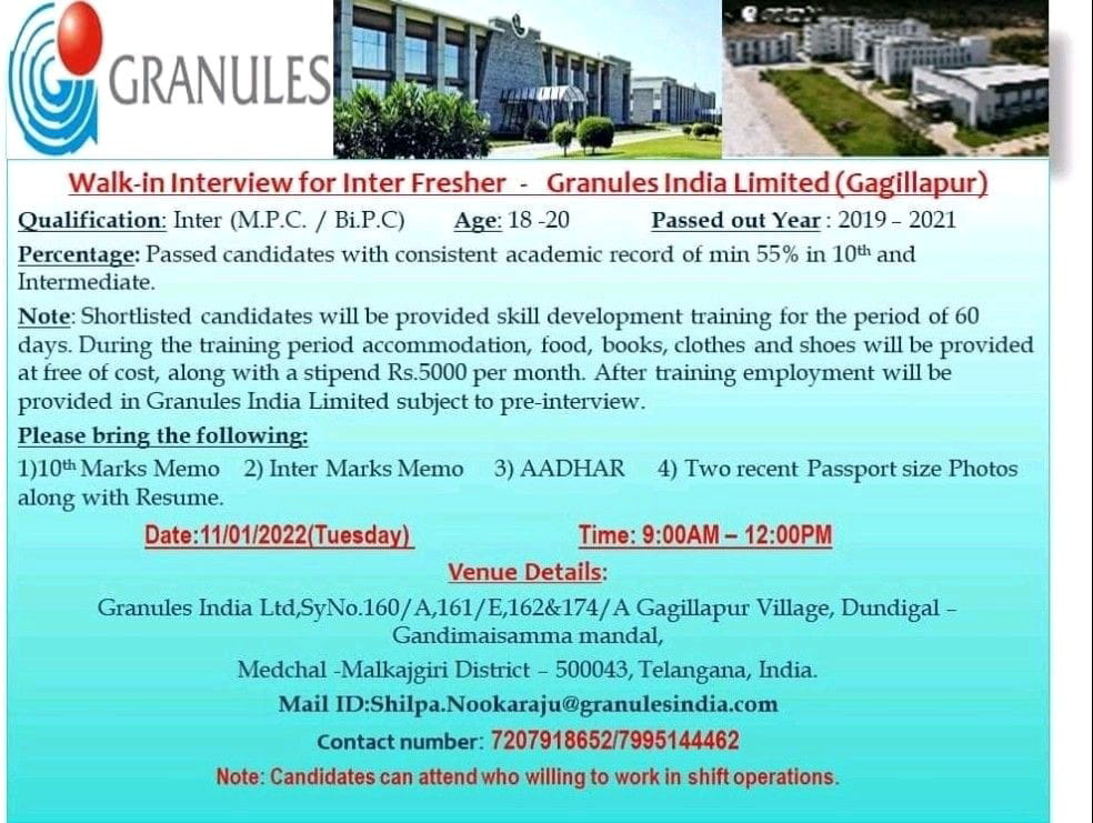 Job Availables,Granules India Limited Walk-In-Interview For Inter( M.P.C./ Bi.P.C)