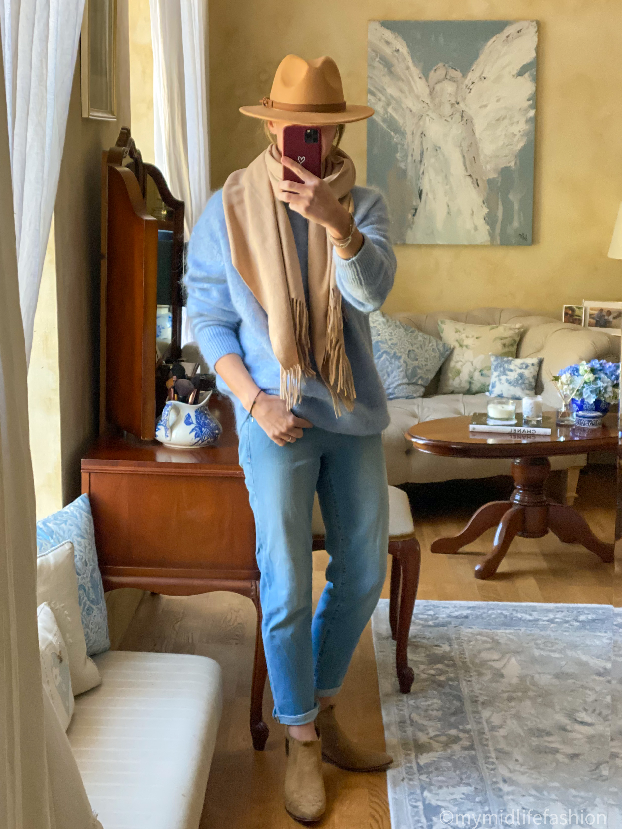 my midlife fashion, amazon felt fedora hat, amazon cashmere scarf, h and m mohair jumper, baukjen boyfriend jean, Zara western heel ankle boots