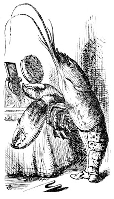 A lobster holding a hairbrush examines itself in the mirror