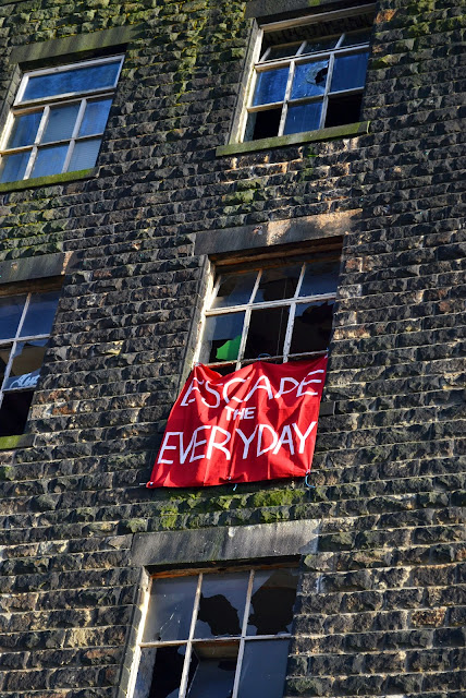 banner, protest, red flag, escape the everyday, question normality, urbex, derelict, propaganda, urban, industrial, design and art direction, art, statement, alternative lifestyle