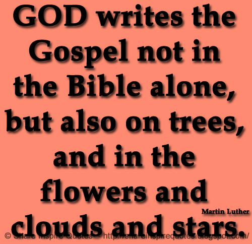 GOD writes the Gospel not in the Bible alone, but also on trees, and in the flowers and clouds and stars. ~Martin Luther