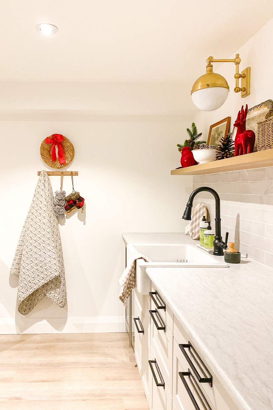 basement kitchenette with peg rail, farmhouse sink, and floating shef