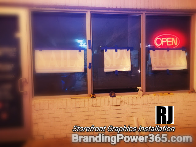 Vinyl Lettering Installation for Storefront Window for a Health and Beauty Spa in Hallandale Beach, Florida. BrandingPower365.com