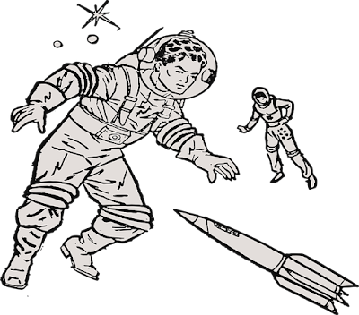 Comic book-style illustration depicting two astronauts floating outside of a rocket.